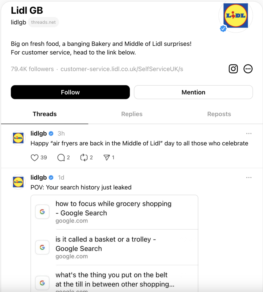 UK-based grocery chain Lidl GB's post on engaging with their customers.